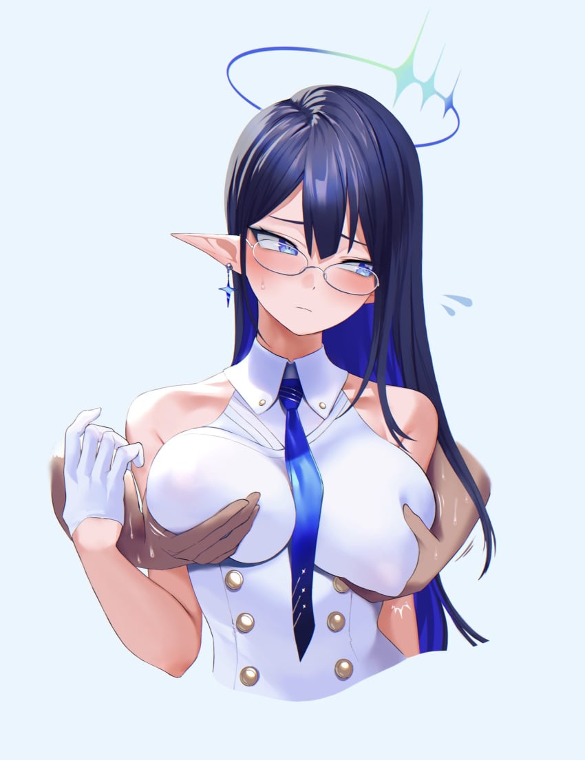 big_breasts blue_archive blue_eyes blue_hair blush breast_grab clothed clothed_female elf elf_ears elf_female general_student_council_(blue_archive) glasses grabbing_breasts grabbing_from_behind halo kazane-wind rin_(blue_archive)