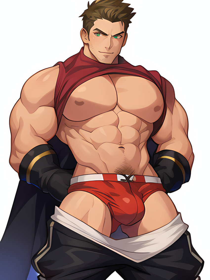 1boy abs ai_generated bara bare_pectorals biceps body_hair brown_hair bulge chest_hair chest_harness clothes_lift clothes_pull erection facial_hair feet_out_of_frame goatee green_eyes hairy happy_sex harness large_pectorals leggings lifted_by_self long_sideburns male_focus male_only male_pubic_hair male_underwear mature_male medium_hair muscular muscular_male navel navel_hair nipples pants pectoral_press pectorals scar shirt_lift short_hair sideburns sole_male solo solo_male stable_diffusion stomach stubble thick_thighs thigh_cutout thighs tight tight_pants underwear undressing