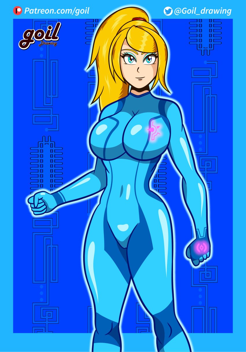 1girls artist_logo big_breasts blonde_hair blue_bodysuit blue_eyes bodysuit breasts cameltoe female female_only goil_drawing hi_res metroid nintendo png samus_aran solo standing video_game video_game_character video_games zero_suit zero_suit_samus