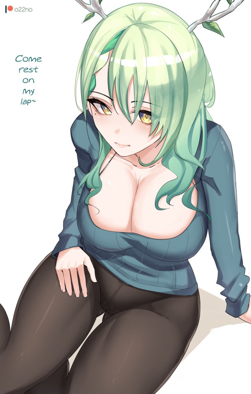 1girls beauty_mark branch_horns breasts ceres_fauna cleavage clothed dialogue english_text female green_hair hololive hololive_english hololive_english_-council- hololive_english_-promise- horns huge_breasts light-skinned_female light_skin long_hair mole_under_eye o22no pantyhose sweater text thick_thighs thighs virtual_youtuber yellow_eyes