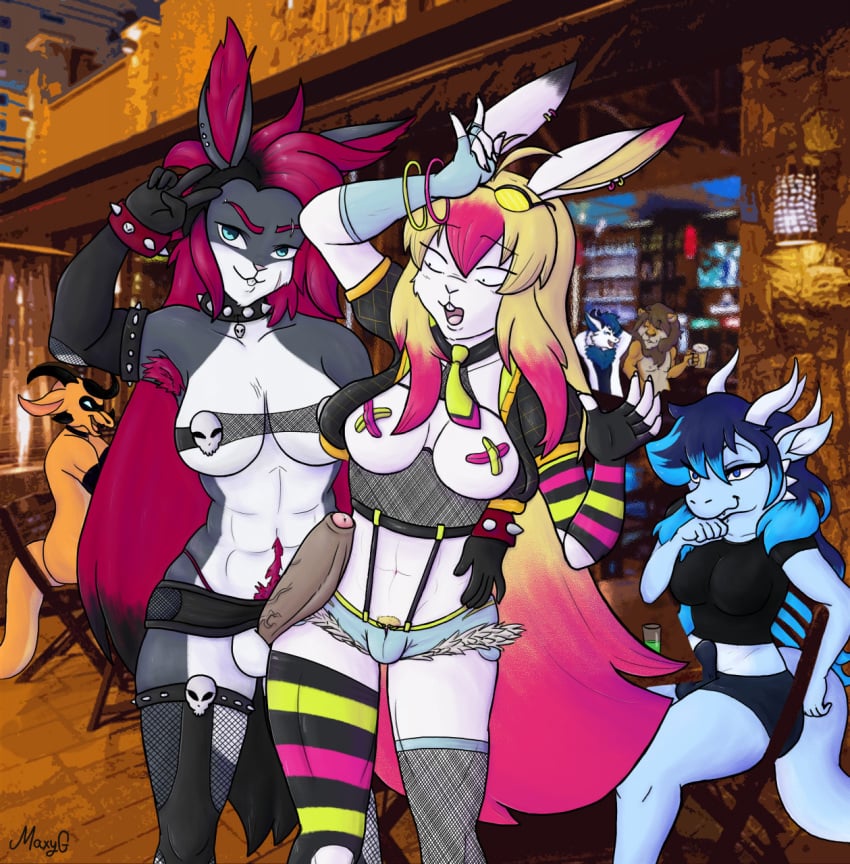 alcohol animal_humanoid anthro armpit_hair beer beverage black_clothing black_shirt black_topwear blue_body blue_hair body_hair bonny_(yamiikarus) bottomwear breasts bulge chair clothing dragon draigy felid feng_lion furniture genitals gloves group hair hands_behind_back handwear hi_res horn hotpants humanoid lagomorph lagomorph_humanoid legwear leporid lion looking_at_another looking_at_viewer looking_pleasured lully_pop mammal mammal_humanoid maxyg muscular necktie night on_chair pantherine penis photo_background piercing rabbit red_hair scar scared shirt shorts sitting sitting_on_chair skull_accessory smile stockings talking_to_another teeth_showing topwear vein veiny_penis