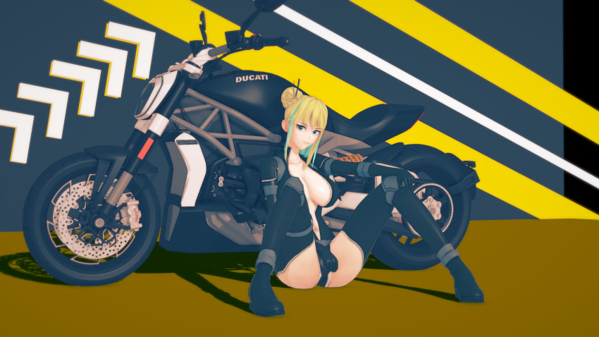 1girls 3d aqua_eyes big_breasts blonde_hair bodysuit busty cleavage female female_only hair_bun hi_res large_breasts legs long_hair looking_at_viewer motorcycle nancy_lee navel ninja_slayer sensual sitting smile solo thighs unzipped unzipped_bodysuit voluptuous