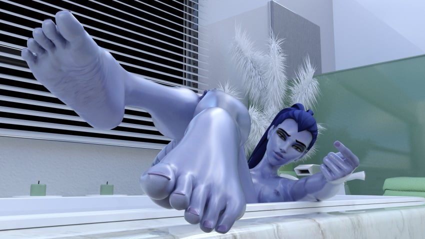 3d barefoot bath bathing bathroom bathtub blizzard_entertainment breasts daz_studio feet feet_up legs long_legs looking_at_viewer nipples noobanimator overwatch overwatch_2 purple_skin soles teasing toes toes_scrunch video_games wet widowmaker