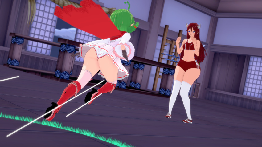 2girls 3d ahoge alternate_breast_size blue_eyes braided_hair cape cordelia_(fire_emblem) dojo dress female female_only fire_emblem fire_emblem_awakening garter_straps green_hair gym_uniform hair_ornament huge_breasts koikatsu long_hair manakete multiple_girls nah_(fire_emblem) nintendo panties pantyshot pointy_ears red_hair rhcpftw shortstack small_breasts sports_bra stockings thick_thighs thighhighs underwear upskirt white_panties wide_hips