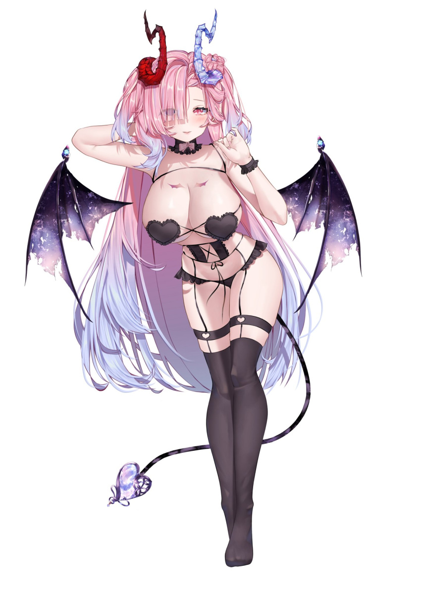 1girls auroralivevr big_breasts black_bra black_lingerie black_panties black_stockings blue_hair blush bra cayena_hakaba corset cute female female_only heart_bra heterochromia horns huge_breasts light-skinned_female light_skin lingerie looking_at_viewer panties pink_eye pink_hair pink_nails purple_eye raventirr simple_background solo stockings succubus succubus_horns succubus_tail tail tattoo tattoo_on_chest two_tone_hair virtual_youtuber vtuber white_background wings