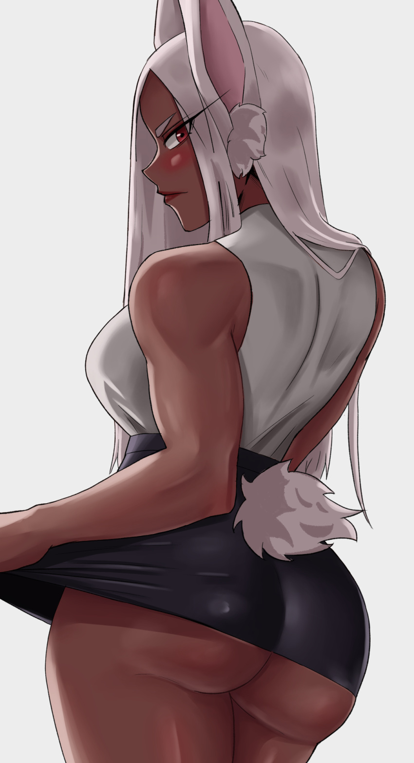 1girls ass athletic_female back back_view breasts bubble_butt bunny_ears bunny_girl dark-skinned_female dark_skin dat_ass female female_only full_lips hi_res hips huge_ass huge_breasts kemonomimi long_hair mature_female microskirt miruko muscular_arms muscular_female my_hero_academia no_panties office_lady png rabbit_tail red_eyes rumi_usagiyama shadertoons short_skirt skirt sleeveless slim_waist solo tail thick_thighs thighs toned_arms white_hair wide_hips