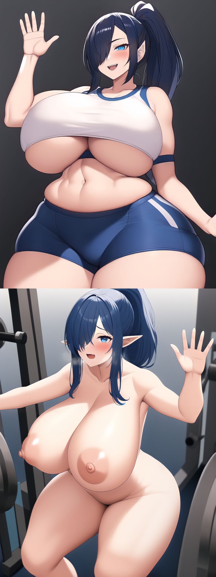 ai_generated arms_up bangs belly big_areola big_breasts big_nipples breasts_out casual_exposure casual_nudity dark_blue_hair exercise gym_clothes gym_shorts hair_over_one_eye hand_up huge_breasts huge_thighs massive_thighs milf mommy nai_diffusion naiya_(tetra_ai) naked nude pointy_ears ponytail public_exposure public_nudity sidelocks smile stable_diffusion tetra_ai tight_clothing underboob undressing waving wide_hips workout_clothes