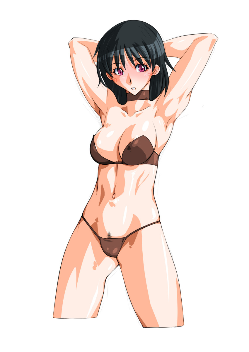 1girls areola_slip areolae arikawa armpits big_breasts black_hair busty cleavage large_breasts legs pose posing pubic_hair purple_eyes school_rumble sexy_armpits solo thighs thong_bikini toned tsukamoto_yakumo