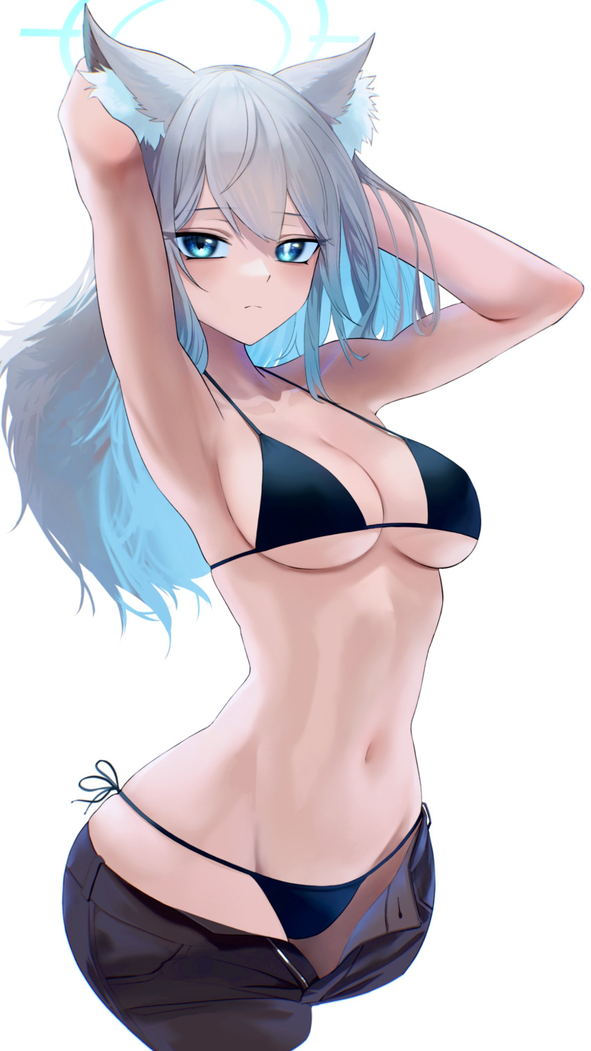 abydos_high_school_student big_breasts bikini blue_archive blue_eyes blush breasts foreclosure_task_force_(blue_archive) gray_eyes gray_hair hair_ornament heterochromatic_pupils kazane-wind looking_at_viewer shiroko_(blue_archive) white_pupil wolf_ears wolf_girl