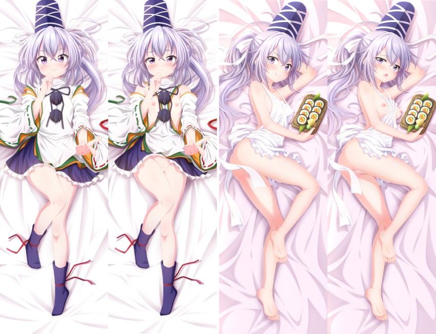 ankle_socks anklehighs apron ass bangs bar_censor barefoot black_ribbon blue_headwear blue_skirt blue_socks blush breasts censored closed_mouth commentary_request dakimakura_(medium) detached_sleeves feet female food frown full_body grey_hair hat japanese_clothes kariginu legs long_hair long_sleeves looking_at_viewer makizushi mononobe_no_futo multiple_views naked_apron neck_ribbon nipples no_shoes pom_pom_(clothes) ponytail pun purple_eyes pussy ribbon ribbon-trimmed_sleeves ribbon_trim skirt small_breasts smile socks soles sui._(ayase) sushi tate_eboshi toes touhou white_apron wide_sleeves