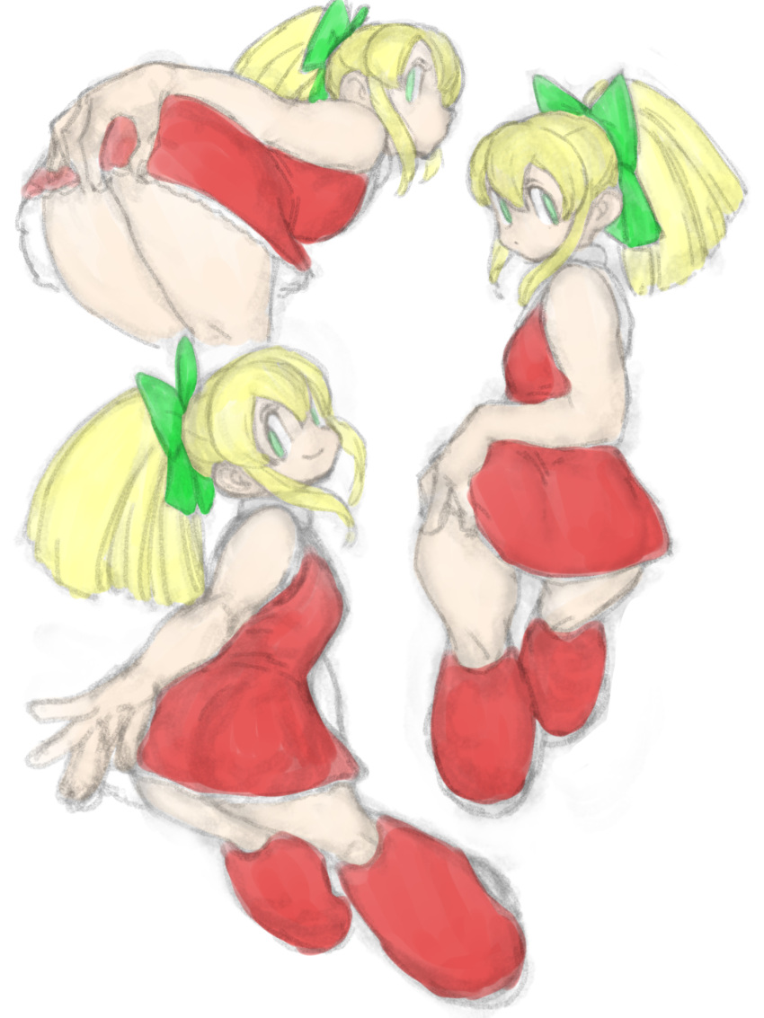 blonde_hair boots bottomless bottomless_skirt colored_sketch dress green_eyes hair_ribbon hand_on_ass looking_at_viewer looking_back mega_man mega_man(classic) multiple_poses robot_girl roll short_skirt skirt skirt_lift thick_thighs thigh_gap toshinoshin00 upskirt