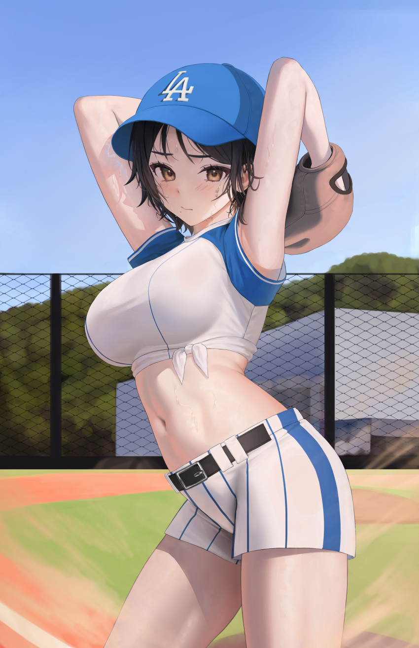 1girls armpits arms_up bare_arms baseball_(sport) baseball_cap baseball_mitt baseball_uniform belly belly_button belt big_breasts black_hair blue_headwear blush blush_lines blushing_at_viewer breasts brown_eyes cap closed_mouth contrapposto cowboy_shot crop_top day female female_focus female_only front-tie_top frown hat hi_res high_resolution highres large_breasts light-skinned_female light_skin looking_at_viewer midriff mole mole_under_mouth navel only_female original outdoors shirt short_hair short_shorts shorts solo solo_female solo_focus sport sports_uniform standing stomach sweat sweatdrop sweating sweaty taut_shirt thighs tokkihouse white_shirt white_shorts