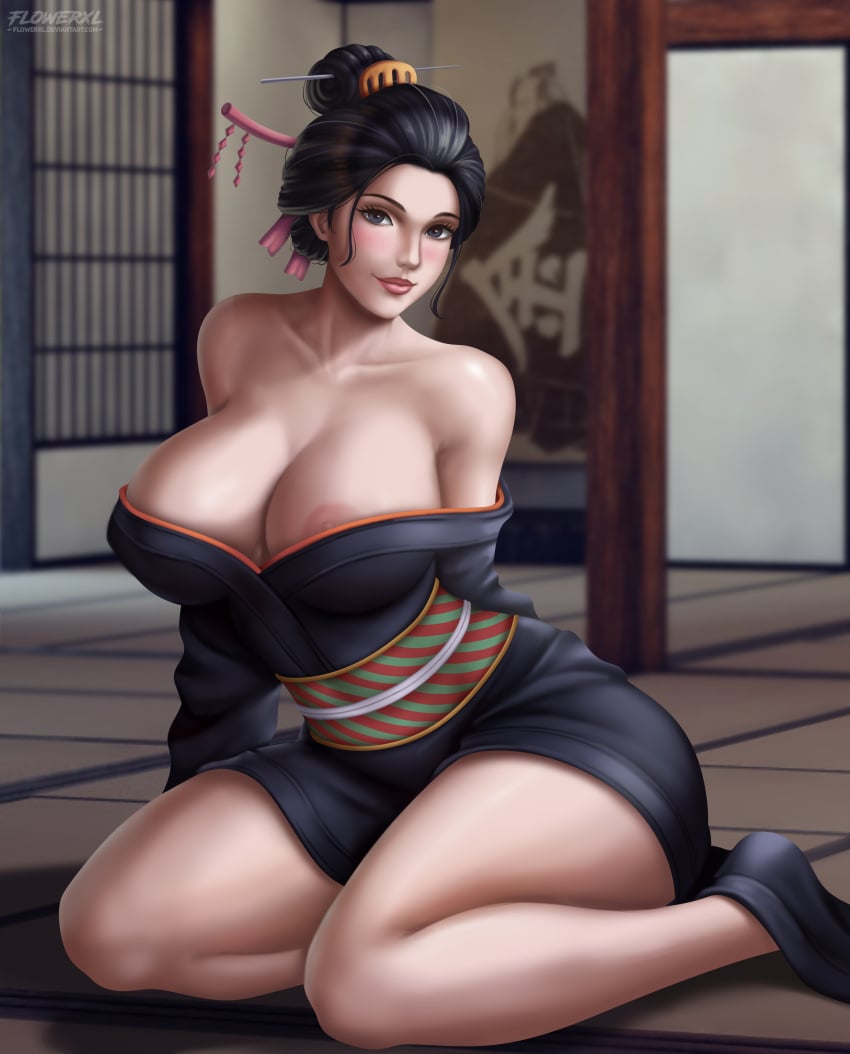 1girls areola_slip areolae artist_name artist_signature artist_website asian asian_clothing asian_female bare_shoulders black_clothing black_hair black_hair_female black_kimono blue_eyes blue_eyes_female blurry_background blush blushing_at_viewer breasts breasts_out bursting_breasts cleavage collarbone deviantart deviantart_username enormous_breasts erect_nipples female female_focus female_only flowerxl geisha hair_comb hair_ornament hairpin hi_res high_resolution highres huge_breasts indoors japanese_clothes japanese_hairstyle japanese_house kimono kimono_only kimono_pull lips lipstick looking_at_viewer makeup massive_breasts nico_robin nihongami nipple_slip nipples one_piece orobi post-timeskip prostitute prostitution seductive seductive_eyes seductive_look seductive_smile short_hair short_hair_female shouji shounen_jump sitting sitting_on_floor solo solo_female tatami thick_thighs tied_hair url voluptuous voluptuous_female wano_country wooden_floor yukata