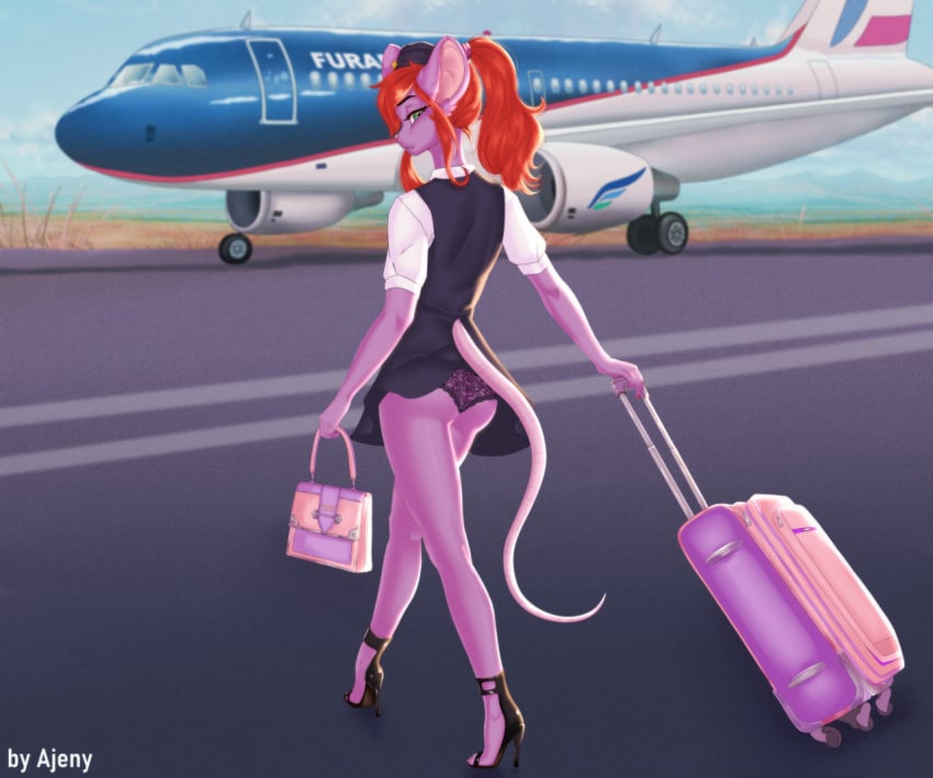 1femboy aircraft airplane ajeny clothing feminine_male flight_attendant footwear fur girly green_eyes hair high_heels jamie_knox_(jamiekaboom) looking_at_viewer looking_back male mammal mouse murid murine purple_body purple_fur purse red_hair rodent shoes stewardess_uniform suitcase uniform