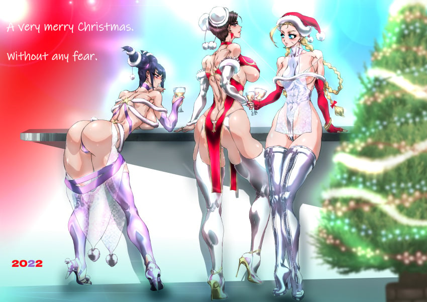 3girls abs absurdres ahoge ass ass_cleavage bent_over blonde_hair blue_eyes blush braid breasts brown_eyes brown_hair butt_crack cammy_white capcom choker chun-li covered_navel cup drinking_glass earrings elbow_gloves female female_only fingerless_gloves garter_belt garter_straps gloves hat high_heels highres huge_breasts jewelry juri_han large_breasts long_hair multiple_girls pink_eyes ring scar star_(symbol) street_fighter thighhighs twin_braids twintails underboob underwear wine_glass yuri-ai