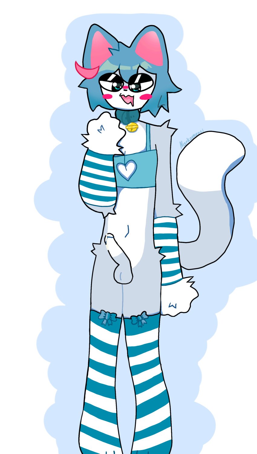 anthro blue_fur blue_hair blush clothing collar collar_with_bell cum domestic_cat feline femboy furry furry_only sima_(vkontakte) simple_background solo stockings striped_stockings vkontakte