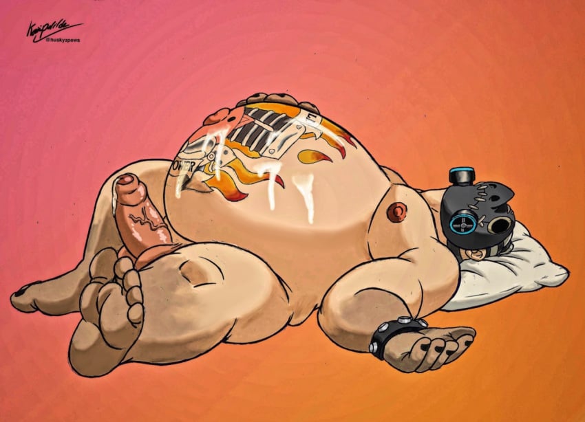 1boy belly bhm big_belly cum cum_on_belly erection fat fat_man kaiipwilde_(artist) male male_only obese obese_male overwatch overweight overweight_male penis roadhog solo solo_male