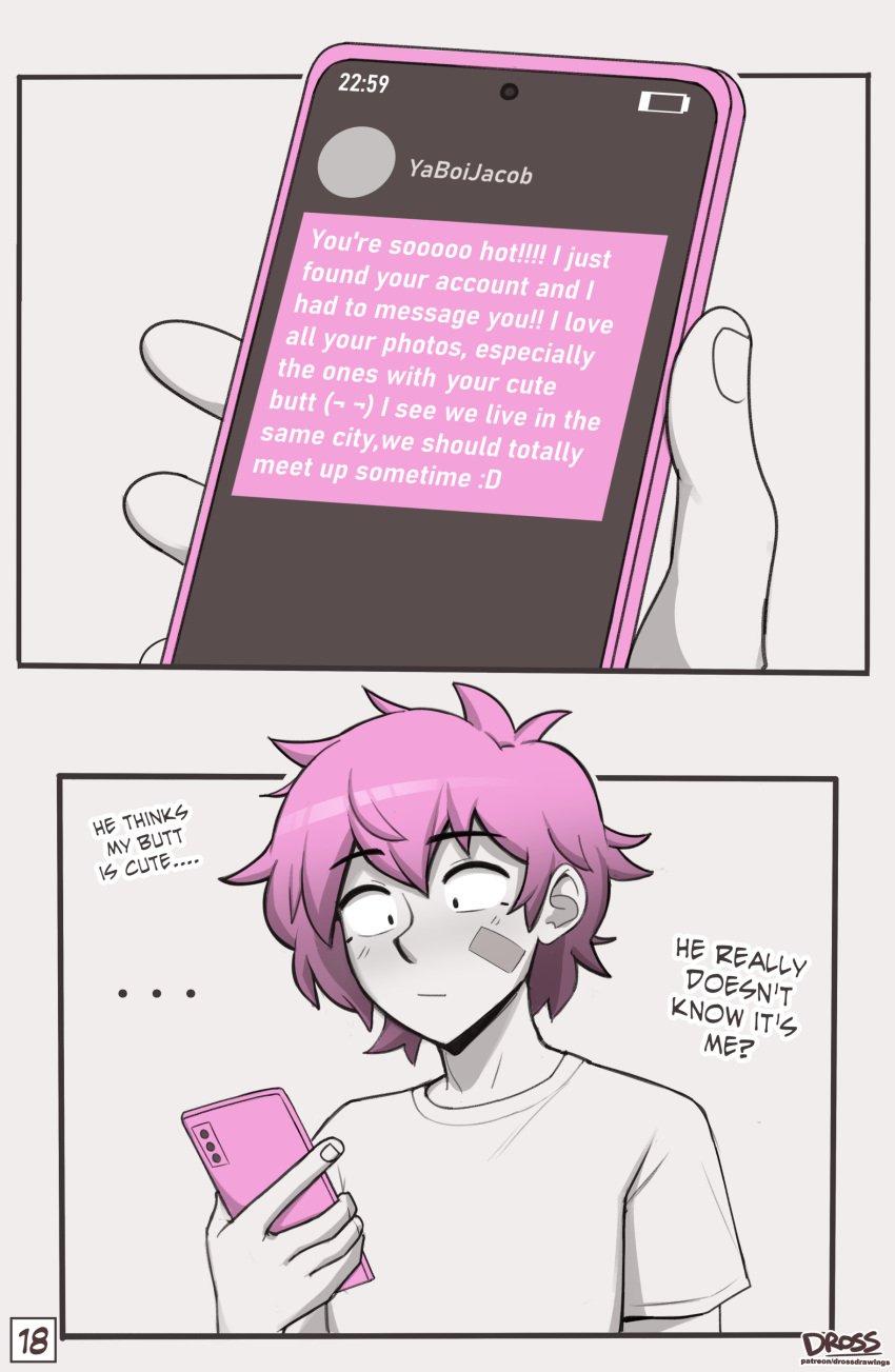 1boy bandage blush clothed clothing comic dross english_text femboy high_resolution original phone pink_hair skater_boi_(dross) taylor_(dross) text