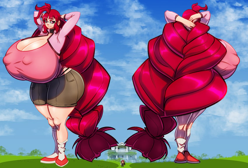 1boy 1girls 2022 ass braid brown_hair chaos_(valgaavthedragon) female female_focus fusion futanma giantess glasses hands_behind_head huge_breasts hyper hyper_breasts kobayashi macro male meganekko mesiasart miss_kobayashi's_dragon_maid nipple_bulge original_character persona persona_5 ranma-chan ranma_1/2 ranma_saotome sakura_futaba solo_focus thick_thighs wide_hips