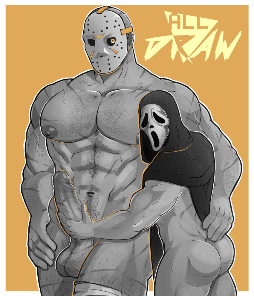 2boys abs all_draw boner erection friday_the_13th gay ghostface jason_voorhees male male_focus male_only mask monochrome muscular muscular_male nude scars scream_(franchise) tagme