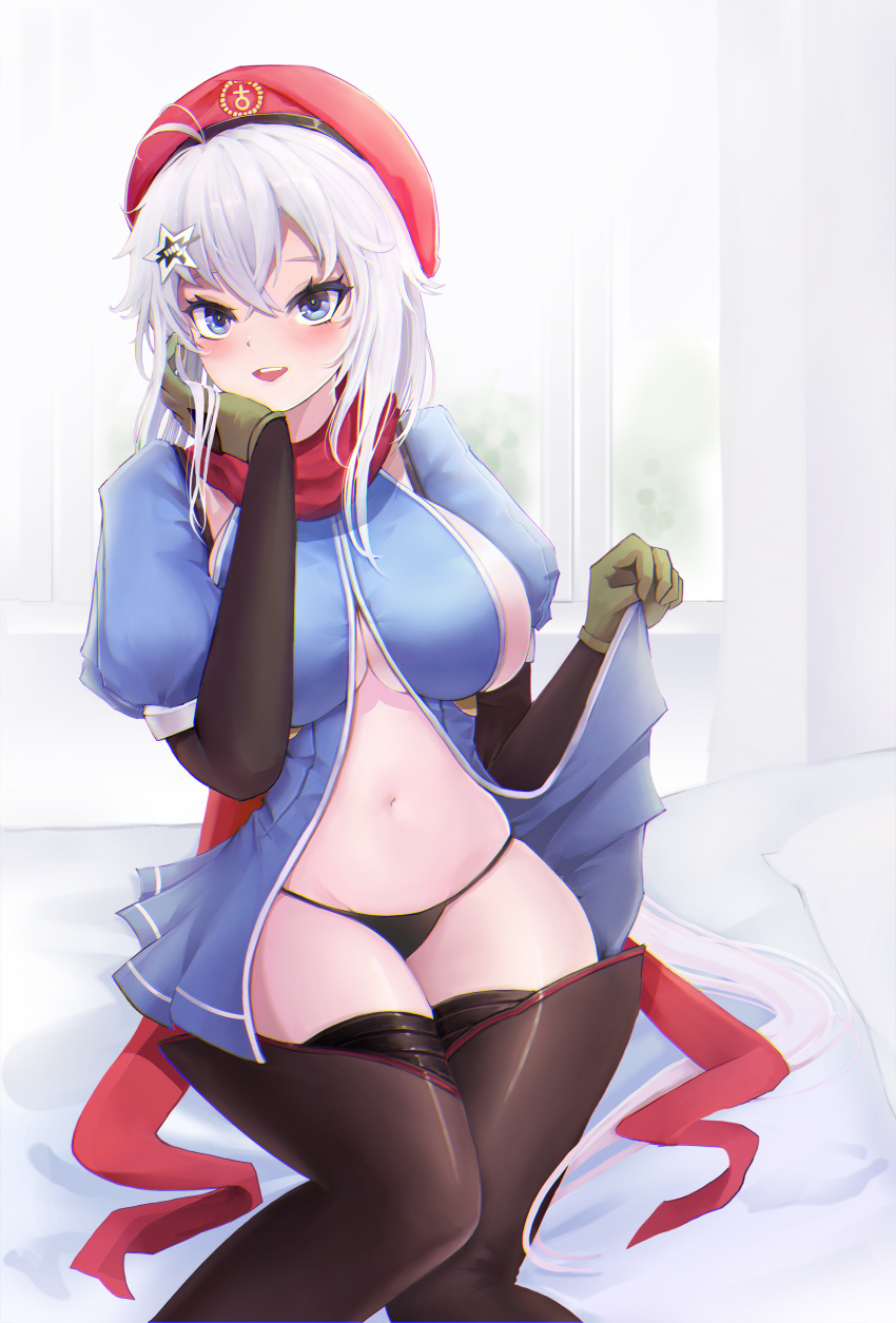 9a-91_(girls'_frontline) absurdres beret black_panties blue_dress blue_eyes breasts cleavage clothes_lift dress female girls'_frontline hair_ornament hand_on_own_cheek hand_on_own_face hand_up hat highres large_breasts lifted_by_self long_hair navel panties red_headwear scarf see-through sideboob sitting skirt skirt_lift soribit95 star_(symbol) star_hair_ornament thighhighs underwear