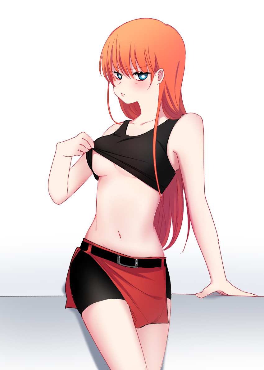 aged_up bike_shorts black_bra blue_eyes blush bra bra_lift female female_only gintama hair_down kagura_(gintama) long_hair looking_at_viewer medium_breasts official_alternate_costume omamegohan orange_hair shorts_under_skirt side_slit skirt solo sports_bra underboob