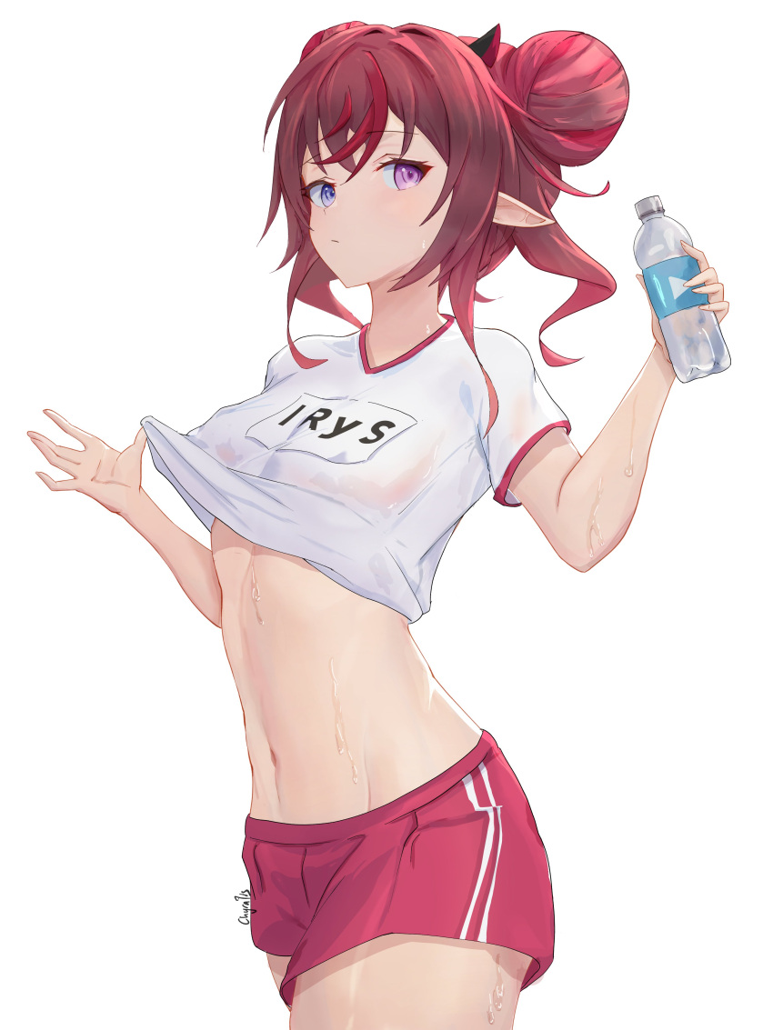 1girls 2020s 2022 2d 2d_(artwork) abs anime arkosios blue_eyes bottle chyraliss elf_ears eyebrows_visible_through_hair female female_focus female_only gym_shorts hair hair_bun heterochromia hi_res highres hololive hololive_english hololive_english_-promise- horn horns hybrid irys irys_(hololive) light-skinned_female light_skin looking_at_viewer manga medium_breasts medium_hair midriff nephilim nipples nipples_visible_through_clothing no_bra pointy_ears project:_hope purple_eyes red_hair shiny_skin shirt shirt_lift shorts simple_background solo solo_female solo_focus sports_uniform sportswear striped_bottomwear sweat sweatdrop sweating sweaty sweaty_body t-shirt text_on_topwear tied_hair toned toned_female toned_stomach translucent_clothing two_tone_clothing two_tone_clothing_(pinkandwhite) virtual_youtuber water water_bottle watermark wet_clothes wet_clothing wet_shirt white_background