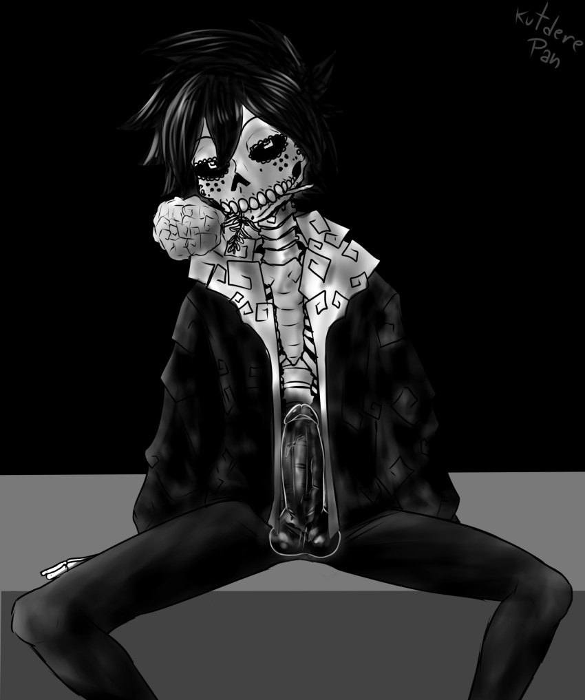 1boy black_clothing black_hair black_pants black_penis chitopan_(character) clothed clothed_male clothes dark_clothing day_of_the_dead dia_de_los_muertos erection excited eyes_open focus hair_covering_eyes kutdere_pan male male_only only_male penis penis_out skeleton solo solo_focus solo_male spread_legs