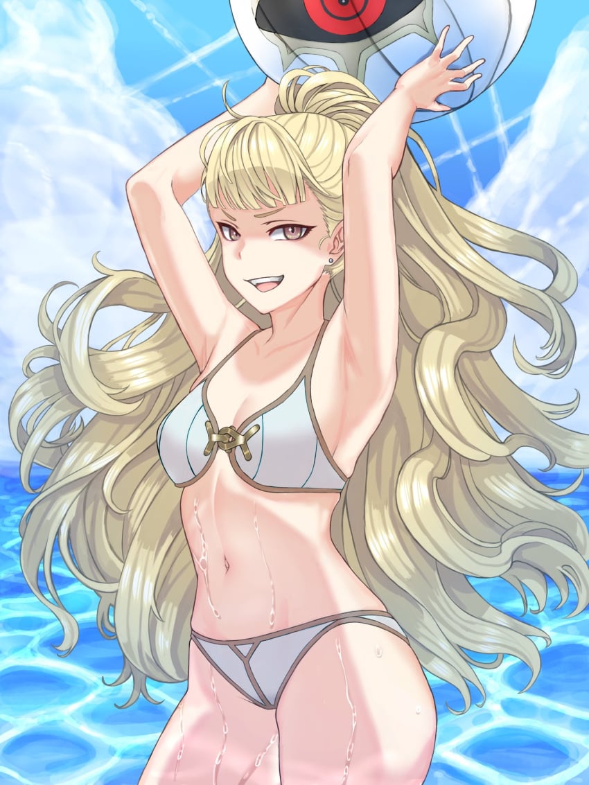 1girls absurdres adapted_costume alternate_costume alternate_version_available armpits arms_up ball bangs beach beachball bikini blonde_hair breasts brown_eyes cleavage cloud cloudy_sky collarbone commission day earrings eitri_(fire_emblem) female female_only fire_emblem fire_emblem_heroes highres holding holding_ball holding_beachball jewelry long_hair looking_at_viewer navel nintendo pocari66 ponytail sky small_breasts smile smug solo swimsuit teeth very_long_hair water white_bikini white_swimsuit