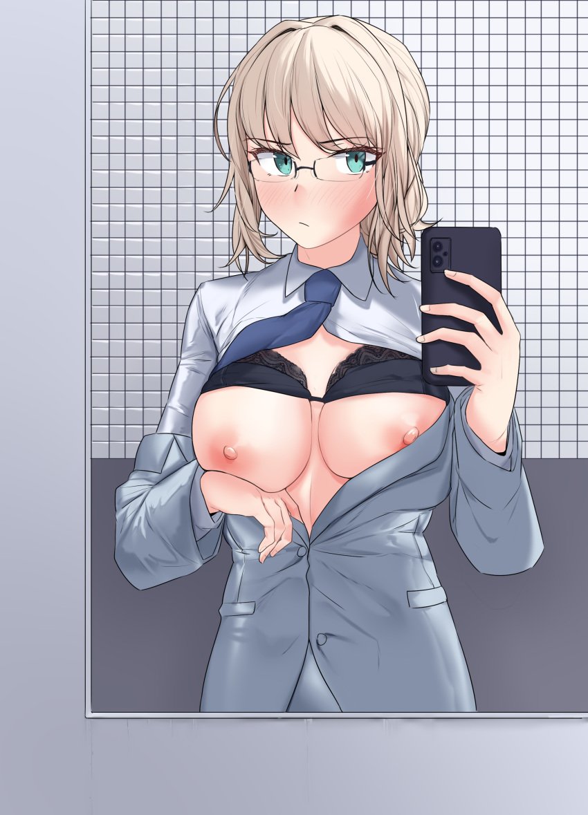 absurdres alternate_breast_size an-94_(girls'_frontline) aqua_eyes belt black_belt bra bra_lift breasts breasts_out female formal girls'_frontline glasses highres holding holding_phone kaicchi light_brown_hair long_hair mirror necktie necktie_aside nipples off_shoulder official_alternate_costume open_clothes open_shirt phone selfie solo suit taking_picture underwear upper_body