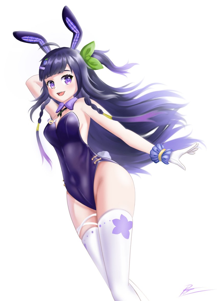 breast breasts bunny_ears bunnysuit flower flowers high_resolution highres hitatsu_phat medium_breasts natsumi_hachi nijigen nijigen_project pose posing purple_eyes purple_hair small_breasts stockings virtual_youtuber white_legwear