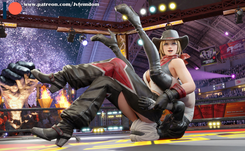 2girls 3d 3d_(artwork) absurd_res american asphyxiation beaten blender blonde_hair boot_fetish boots catfight clothing cowboy_boots cowboy_gloves cowboy_hat crossed_legs dead_or_alive dominant dominant_female domination dominatrix face_in_ass facesitting female female_domination female_only femdom fight fighting_ring footwear glasses handwear hat headwear helpless high_heels highres human humiliation jvfemdom latex leather leather_boots legs lezdom looking_away nier:_automata pale_skin public ryona sitting sitting_down sitting_on_face sitting_on_person smothering stadium suffocation texan thighs tina_armstrong video_games wrestling wrist_grab yorha_2b yuri