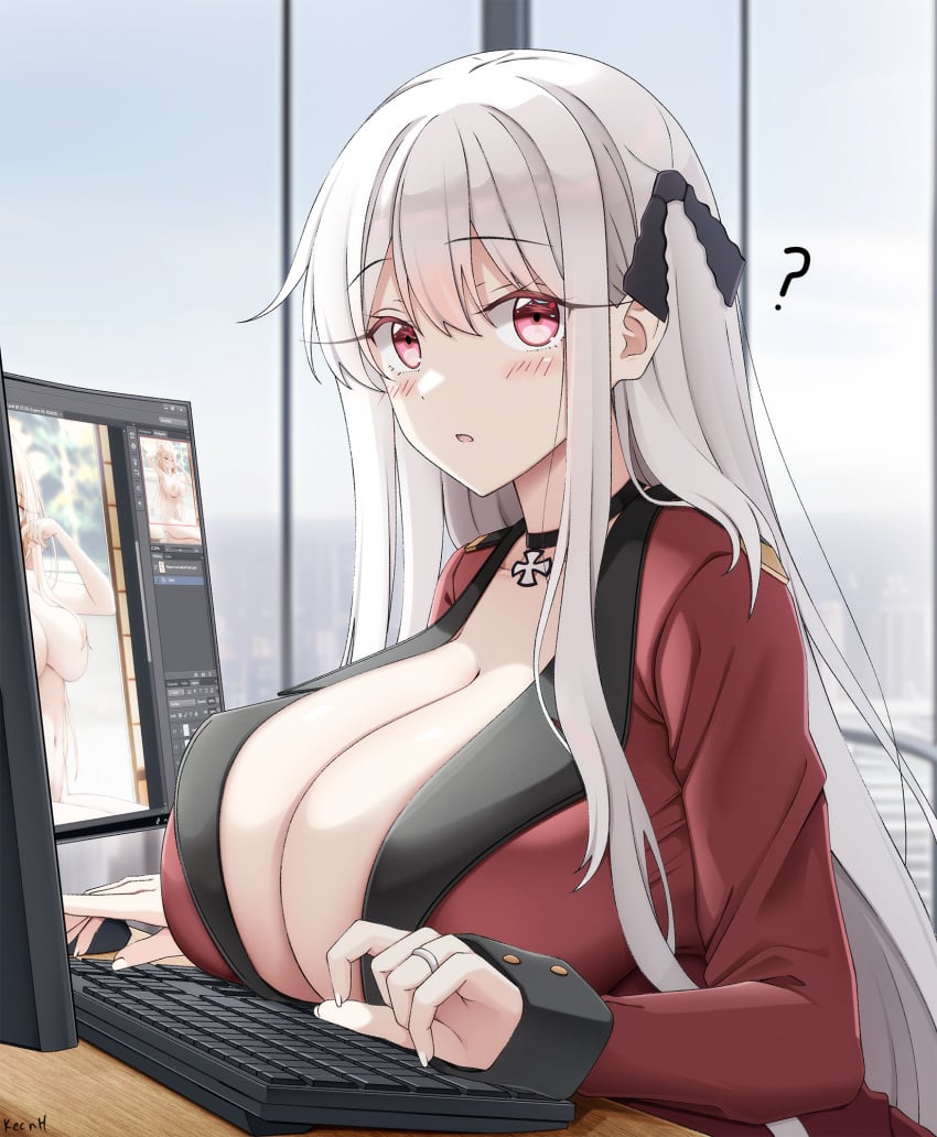 1girls ? adobe_photoshop bangs black_choker blonde_hair blush breast_rest breasts breasts_on_keyboard breasts_on_table choker cleavage computer_keyboard female girls'_frontline griffin_&_kryuger_military_uniform hair_ornament highres huge_breasts huge_cleavage indoors jewelry kar98k_(girls'_frontline) keenh keyboard keyboard_(computer) light-skinned_female light_skin long_hair long_sleeves looking_at_viewer looking_to_the_side monitor parted_lips pink_eyes ring solo white_hair