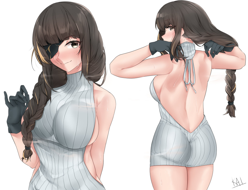 absurdres alternate_costume ass backless_dress backless_outfit bare_back bare_shoulders black_gloves black_hair braid breasts cowboy_shot dress eyepatch female girls'_frontline gloves halterneck highres kaicchi large_breasts m16a1_(girls'_frontline) meme_attire multicolored_hair multiple_views naked_sweater ribbed_sweater sideboob standing sweater turtleneck turtleneck_sweater virgin_killer_sweater