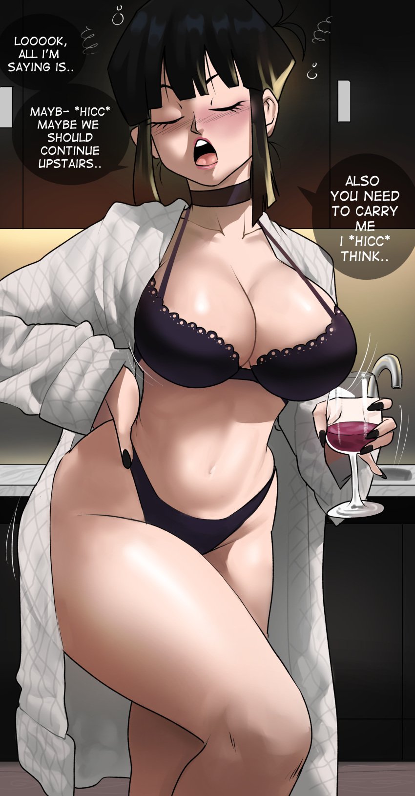 1girls alcohol alcoholic_beverage alcoholic_drink black_hair chichi dialogue dragon_ball dragon_ball_z drunk echosaber english_text female hi_res hips holding_object latge_breasts light-skinned_female light_skin lingerie mature_female milf mother shounen_jump slim_waist thick_thighs thighs tied_hair wide_hips wine wine_glass