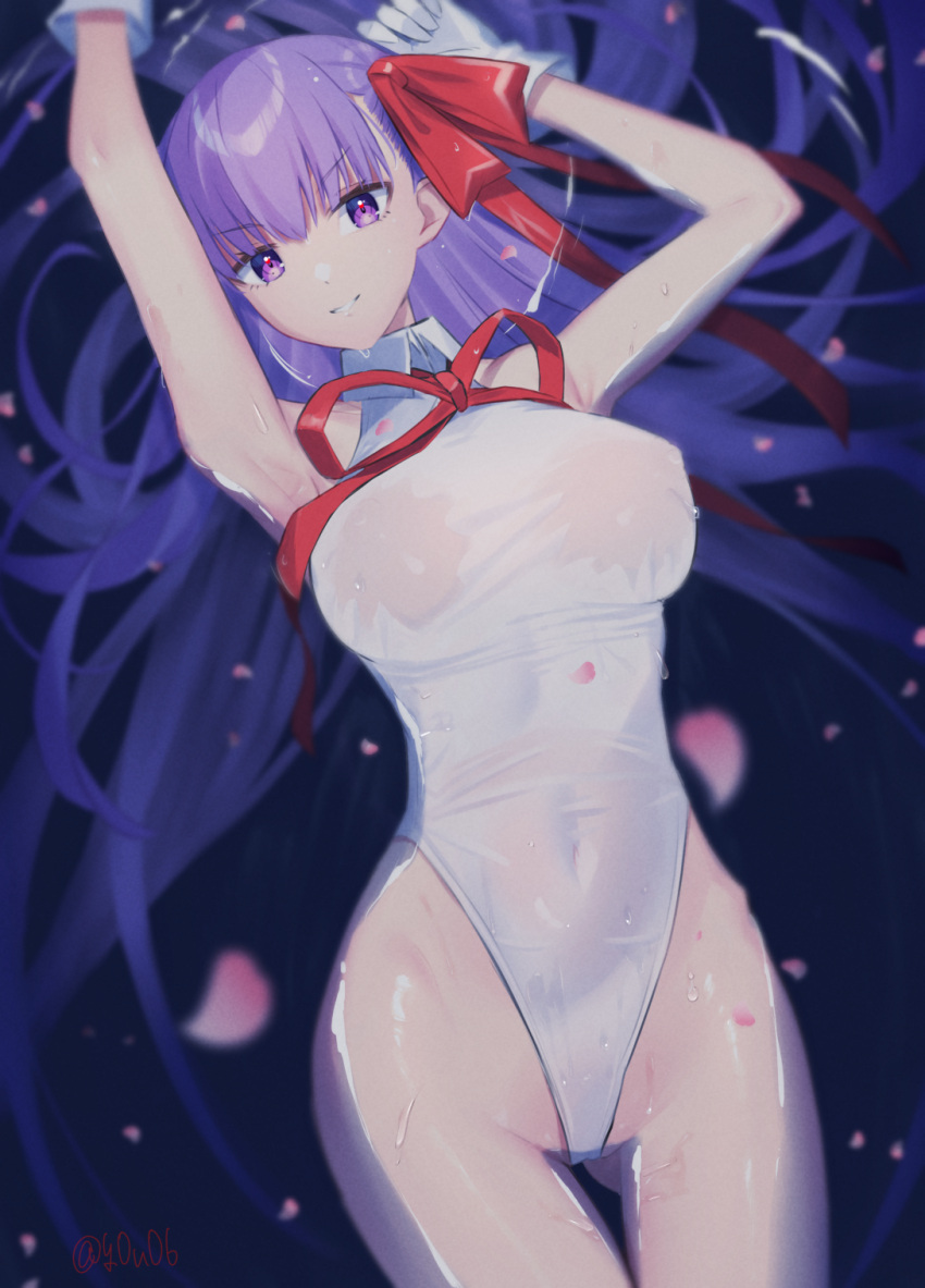 1girls armpits arms_up bb_(fate) bb_(swimsuit_mooncancer) bb_(swimsuit_mooncancer)_(third_ascension)_(fate) belly belly_button big_breasts breasts cherry_blossoms covered_navel fate/grand_order fate_(series) female female_focus female_only gloves grin hair_ribbon hi_res high_resolution highres large_breasts leotard light-skinned_male light_skin long_hair looking_at_viewer lying lying_on_back on_back only_female parted_lips partially_submerged petals purple_eyes purple_hair ribbon see-through see-through_clothing shiny shiny_hair shiny_skin smile smiling smiling_at_viewer solo solo_female solo_focus stomach teeth thigh_gap thighs very_long_hair water wet wet_body wet_clothes wet_skin white_gloves white_leotard you06