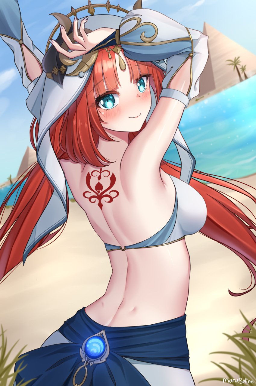 arched_back armpits arms_up artist_name back back_tattoo bangs bare_shoulders blue_eyes breasts closed_mouth dancer day detached_sleeves dimples_of_venus female from_behind genshin_impact highres horns long_hair looking_at_viewer looking_back maru.selinn medium_breasts midriff nilou_(genshin_impact) oasis outdoors parted_bangs pyramid_(structure) pyramids red_hair revealing_clothes smile solo tattoo upper_body veil vision_(genshin_impact)