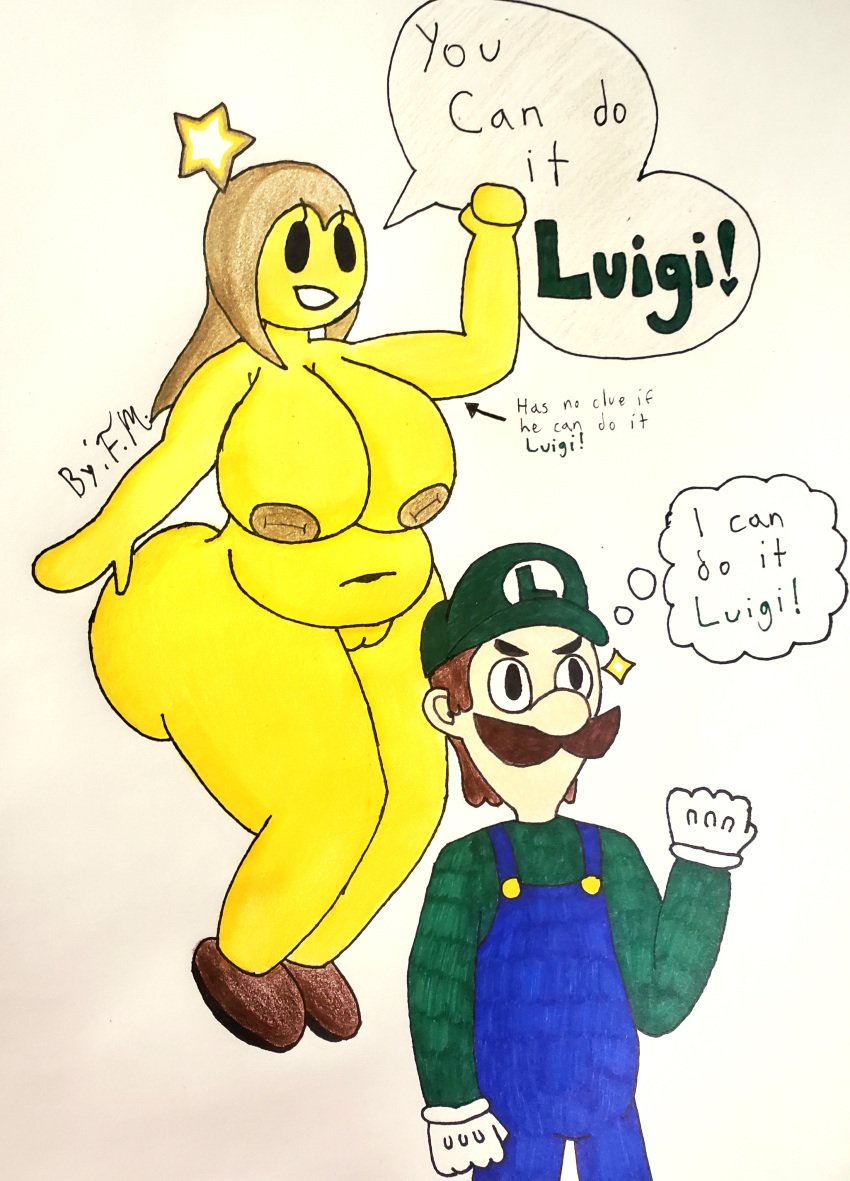 chubby_female encouragement f.m. gold_hair huge_ass huge_breasts luigi mario_(series) mario_and_luigi_(series) shoes_only starlow yellow_skin