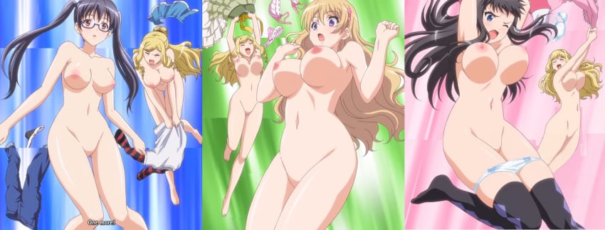 4girls assisted_exposure black_hair blonde_hair blue_eyes breasts clothes_removed clothing_pull collaboration_works drunk embarrassed embarrassed_nude_female enf eroge!_h_mo_game_mo_kaihatsu_zanmai eyes_closed fujiwara_momoka glasses hentai himeno_kisara kosaka_iori light-skinned_female multiple_girls naked naked_female nipples nude nude_female ootori_rena orange_eyes pale-skinned_female purple_eyes screencap screenshot shiny_skin stitched stockings_only stripped_naked twintails uncensored