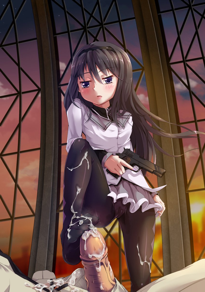 absurdres akemi_homura argyle argyle_legwear bangs black_hair blush cameltoe censored commentary cum cum_on_body cum_on_clothes cum_on_feet cum_on_penis cum_on_self female femdom footjob gun hair_between_eyes hairband handgun highres holding holding_gun holding_weapon leg_up long_hair looking_at_viewer mahou_shoujo_madoka_magica mosaic_censoring no_shoes open_mouth pantyhose penis purple_eyes sirills skirt solo_focus weapon