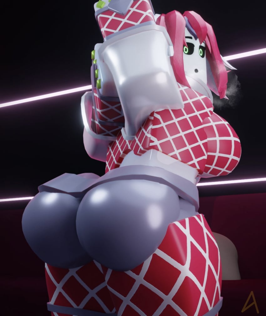 3d azoukl big_ass big_breasts breasts breath green_eyes hi_res jojo's_bizarre_adventure king_crimson looking_back midriff red_hair roblox robloxian rule_63 stand_(jjba) stretching tagme vento_aureo white_skin