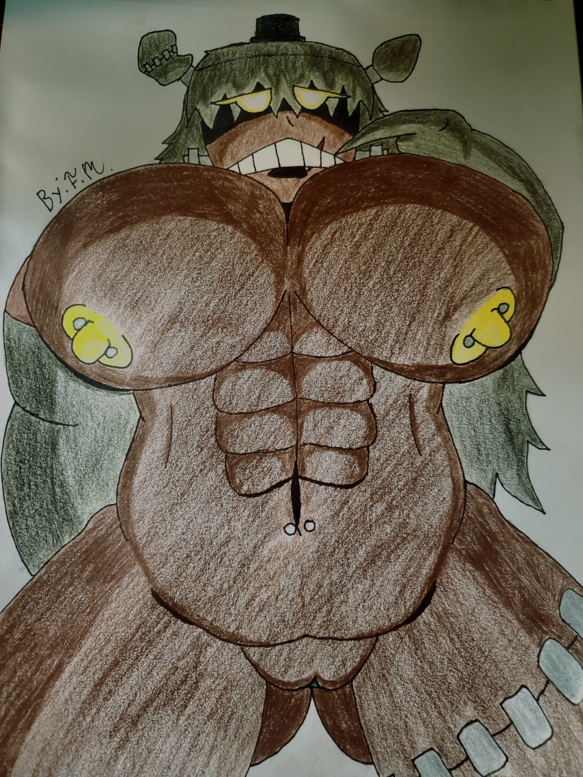 dark-skinned_female drawn dreadbear f.m. five_nights_at_freddy's five_nights_at_freddy's:_help_wanted glowing_eyes huge_breasts looking_down muscular_female nipple_piercing rule_63