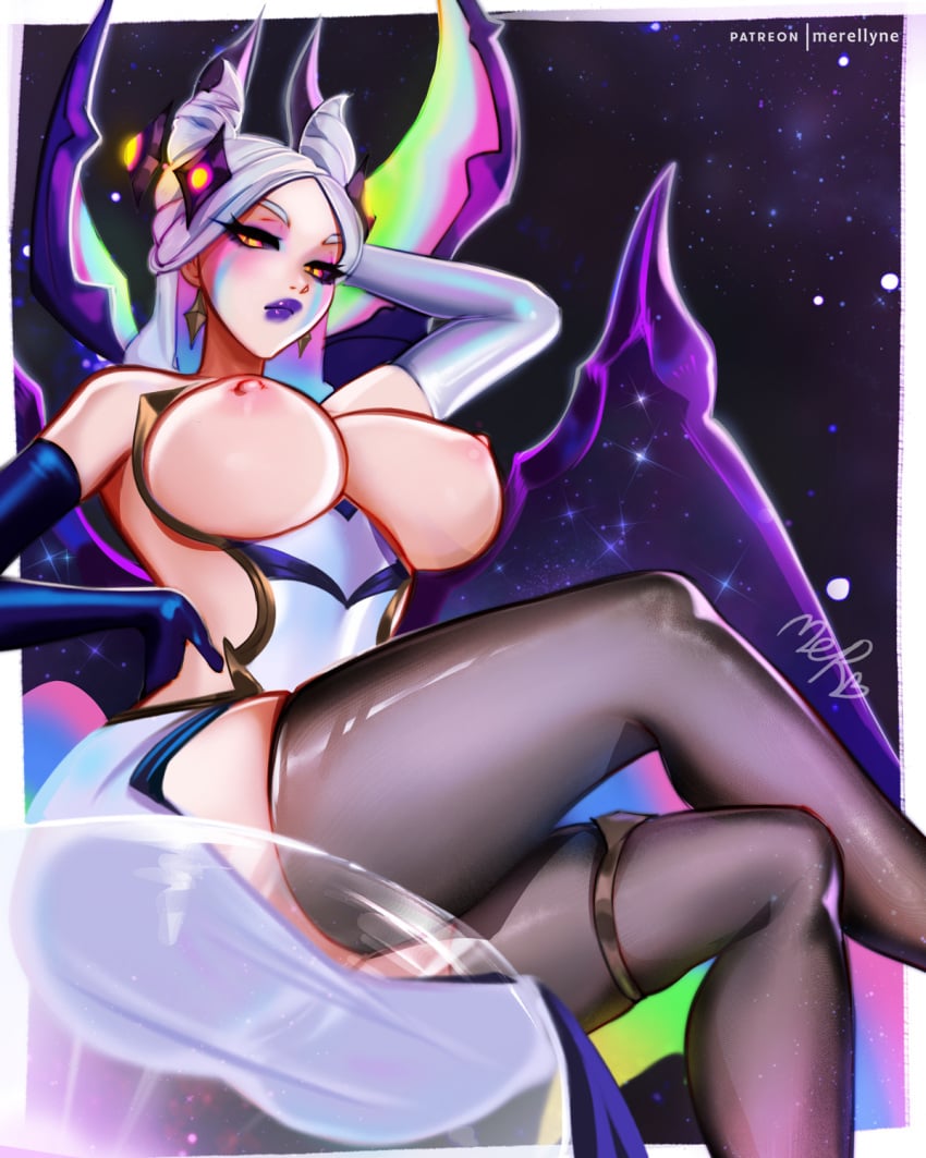 1girls arms_up big_breasts hair_ornament league_of_legends looking_at_viewer merellyne morgana nipples partially_clothed sitting solo star_guardian_series star_nemesis_morgana thick_thighs topless white_hair yellow_eyes