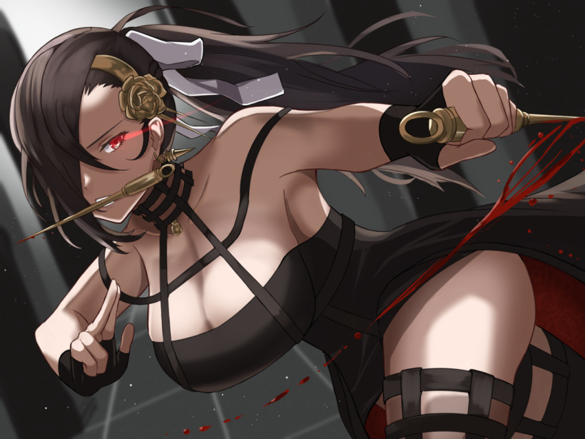 1girls alternate_costume ass assassin bare_shoulders black_dress black_floor black_thighhighs black_tile blood blurry_background breasts cosplay dagger detailed_background dress earrings fingerless_gloves fire_emblem fire_emblem_fates floor gloves glowing_eyes gold_jewelry hair_covering_eye hair_over_one_eye holding_weapon kagero_(fire_emblem) knife large_breasts mouth_hold ninja peli_cantaro ponytail red_eyes spy_x_family stiletto_(weapon) thighhighs tile_floor tiles wall weapon yor_briar_(cosplay)