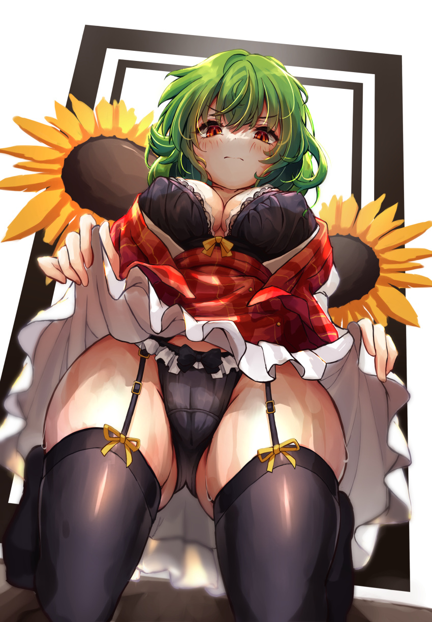 1girls absurd_res annoyed ascot black_bra black_panties black_thighhighs blush bra breasts cleavage closed_mouth clothes_lift collarbone covered_erect_nipples dress dress_lift female flower from_below garter_straps glaring gluteal_fold green_hair highres hira-san humanoid kneeling large_breasts lifted_by_self light_blush looking_at_viewer looking_down no_humans panties panty_peek plaid plaid_dress plaid_skirt plaid_vest red_dress red_eyes red_skirt red_vest shirt short_hair skindentation skirt skirt_set solo sunflower team_shanghai_alice thighhighs thighs touhou underwear vest wavy_hair white_background white_shirt youkai yuka_kazami yuuka_kazami