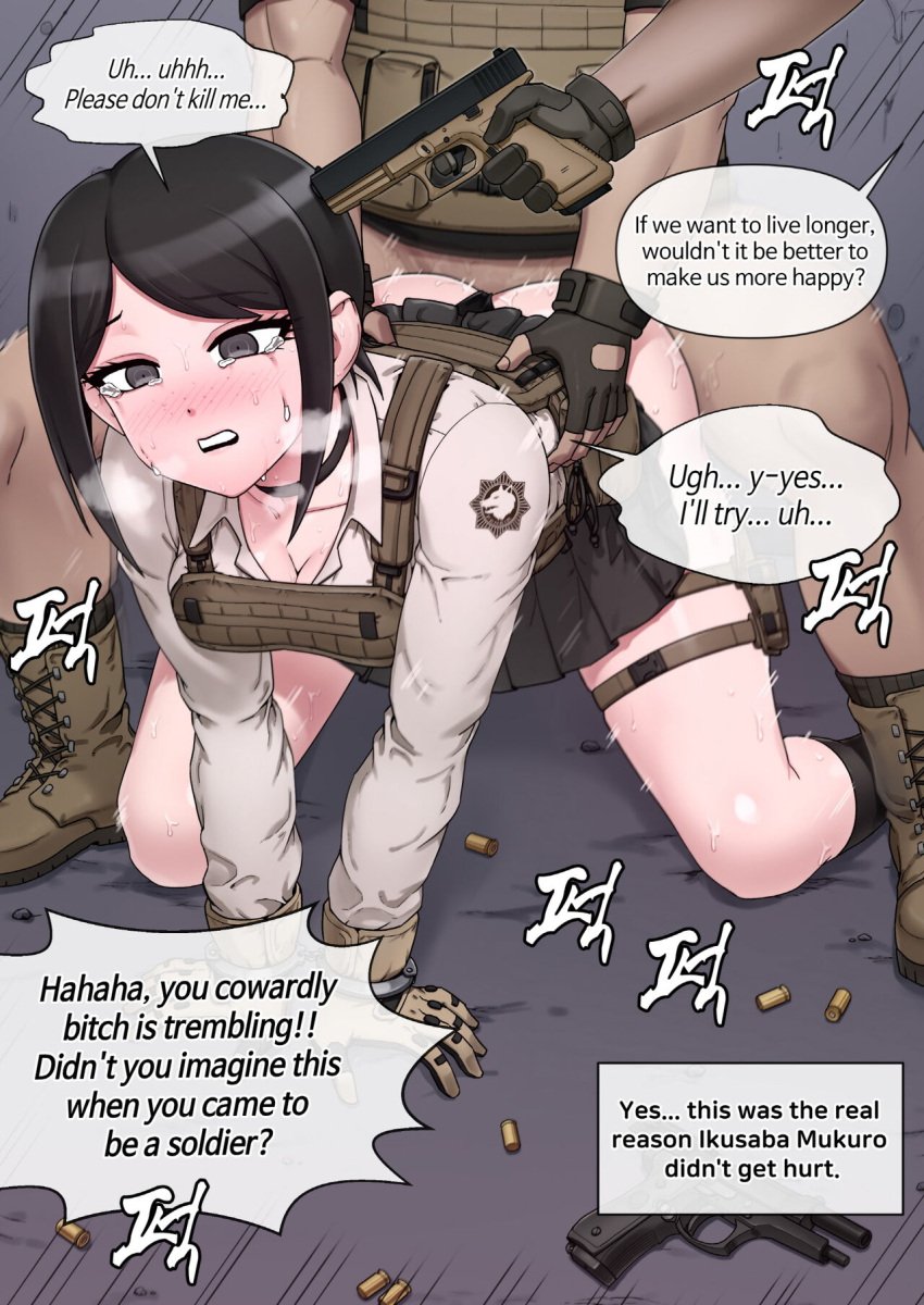 1girls black_hair blush clothed_sex combat_gloves danganronpa english_text freckles gun gun_to_head mackgee maggea22 mukuro_ikusaba multiple_boys partially_clothed pistol rape sex skirt straight_hair sweat tactical_gear tactical_vest tears text unseen_male_face vaginal_penetration