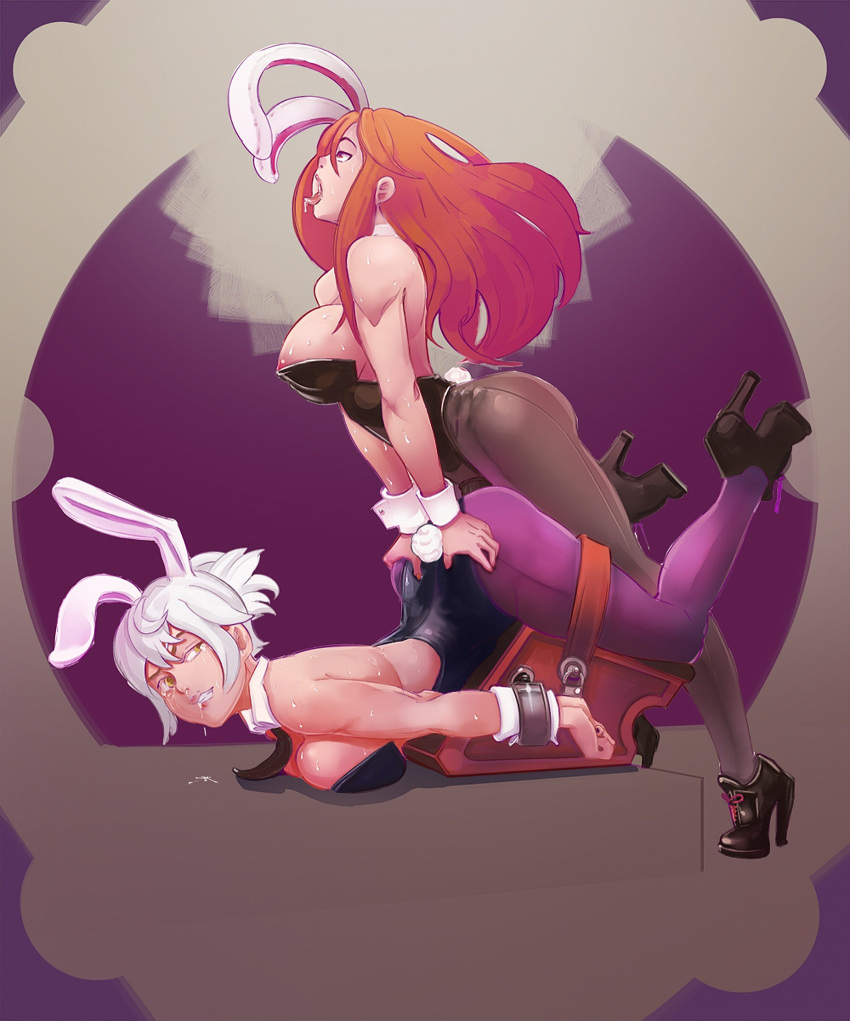 2girls ahe_gao ambiguous_penetration areolae ass battle_bunny_riven blush breasts bunny_costume bunny_ears bunny_girl bunny_tail bunnygirl bunnysuit cleavage clothing curvy detached_collar erect_nipples erection female female_penetrated femdom femsub from_behind green_eyes high_heels huge_breasts intersex katarina_du_couteau large_ass league_of_legends lesbian_sex long_hair multiple_girls necktie nipples no_bra open_mouth panties pantyhose penetration restrained riven sex short_hair silver_hair spread_legs strap-on tears the_grind_series tumtumisu wrist_cuffs yuri