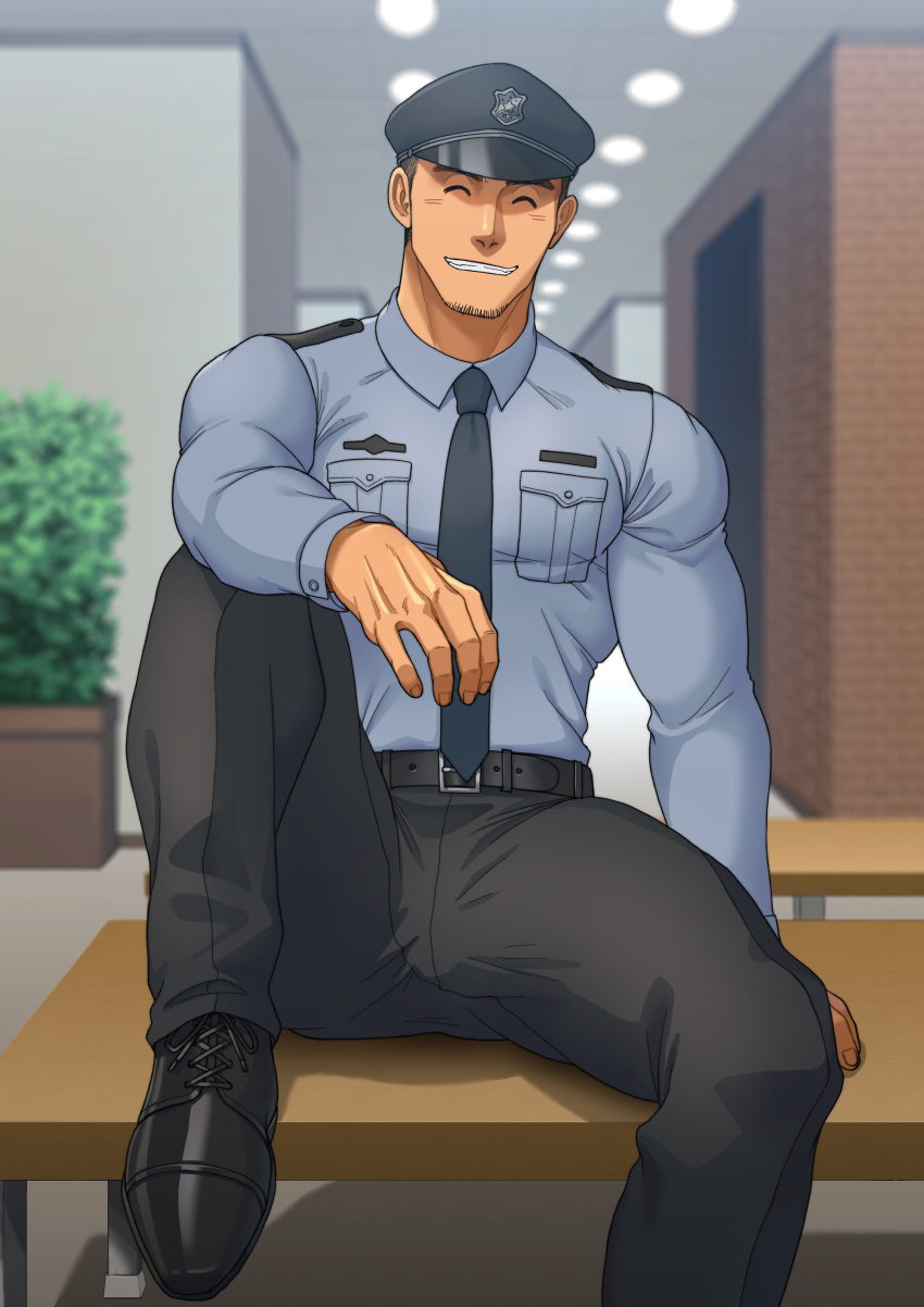 1boy 2021 bara barazoku beard_stubble bulge clothing costume facial_hair gay goronaoki gorou_naoki hairy hairy_male halloween halloween_costume hi_res highres holidays male male_focus male_only manly muscular_male police police_officer police_uniform sakamoto_(gorou_naoki) solo solo_male tight_clothing uniform yaoi