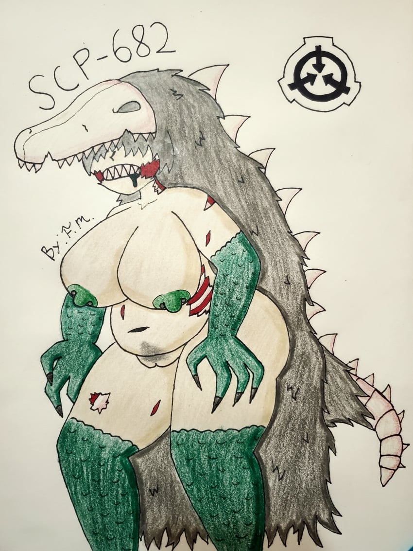 chubby_female f.m. grey_hair huge_breasts nipple_piercing pubic_hair rule_63 scales scars scp-682 scp_foundation sharp_claws sharp_teeth skull_mask tail