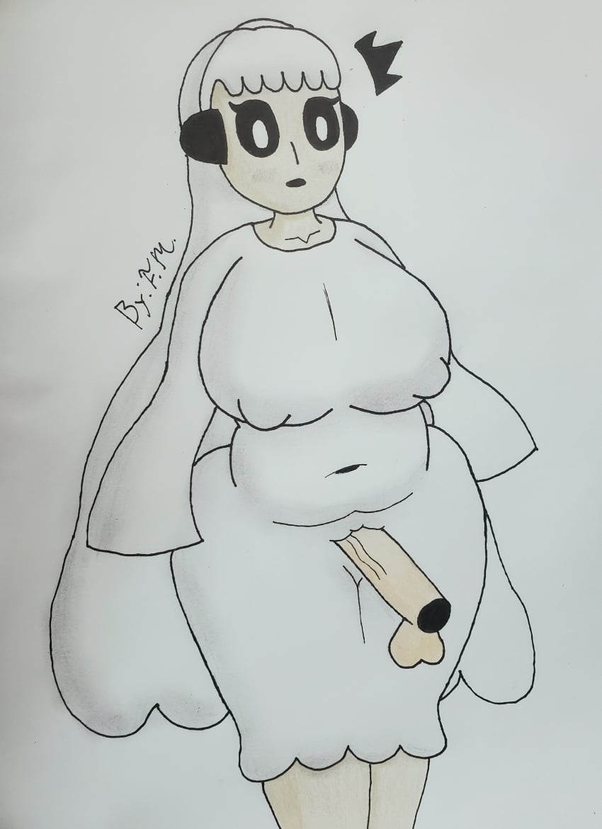 1boy 1girls 2d chubby_female duo f.m. female ghost_girl male napstablook pale_skin questionable_consent rule_63 sex sex_through_clothes tagme traditional_media_(artwork) undertale undertale_(series)